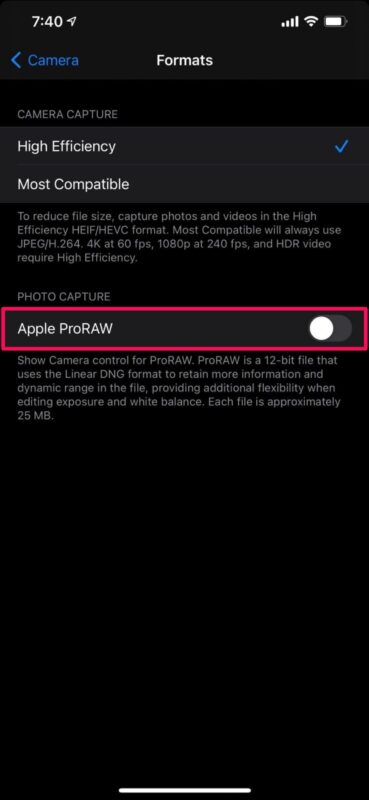 تنظیمات Apple ProRaw